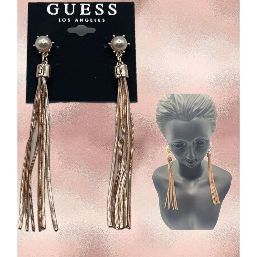 Guess Logo Rose-Gold Tone Pearl Accent Linear Fringe Tassel Drop Stud Earrings